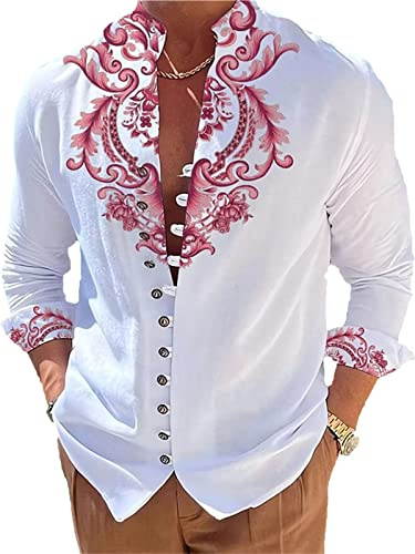 kewing Chemise à Boutons à Manches Longues pour Hommes Chemises baroques à col Montant et à Fleurs royales Chemises à Boutons spéciales Outdoor Street Blouse Henley Shirt