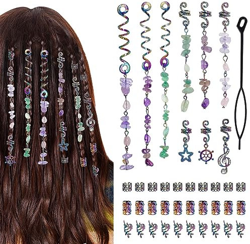 40Pcs hoyuwak Natural Colored Crystal Stone Hair Accessories - Metal Charms, Tie-Dye Loc Spirals, Cuffs, Rings for Women's Hairstyle Decoration