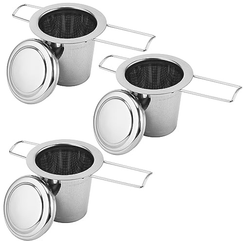 FUNSUEI 3 PCS Leaf Tea Infuser, 304 Stainless Steel Loose Tea Strainer | Leaf Filter with Lid and Folding Handles for Teapot, Coffee, Mugs