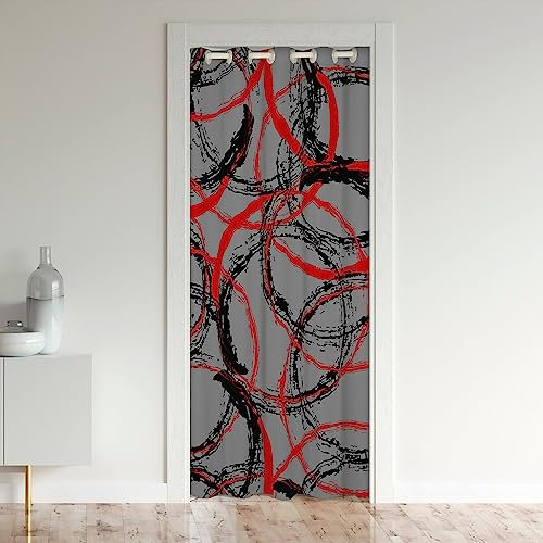 Loussiesd Geometrisch Türvorhang 106x203cm Rot Grau Schwarz Abstrakte Vorhang für Innentür Raumteiler für Wohnzimmer Dekor Kreis Vorhang Moderne Kunst Vorhang Rot Schwarz