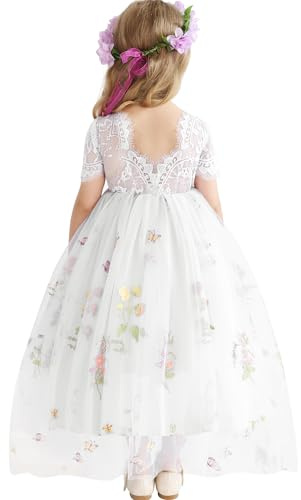 DeeFant Flower Girl Lace Back V-Neck Dress Full-Length Floral Embroidered Toddler Tutu Tulle Dresses for Girls