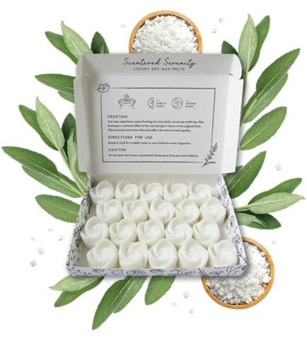 Wood Sage and Sea Salt Wax Melts| Strong Scented| 20 Pack| Luxury Gift Set Over 96 Hrs Burn Time Per Box| Pet Friendly| Eco Hand Poured in Staffordshire, UK