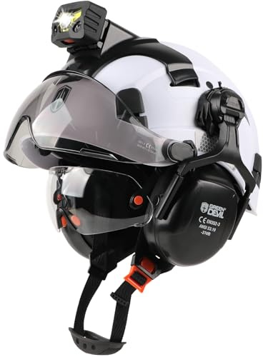 GREEN DEVIL Hard Hat Safety Helmet with Rechargeable Headlamp Light and Visor Ear Muffs Vented Work Hardhat ANSI Z89.1 Cascos De Construccion for Industrial Construction Forestry