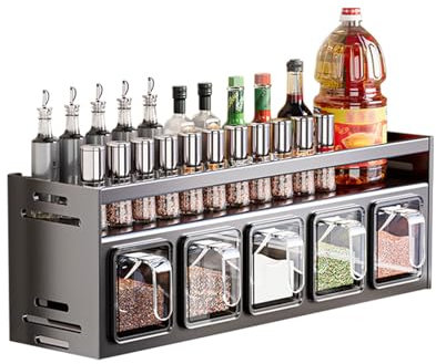 Inscrip Gewürzregal mit Gewürzdosen, Gewürzregal Stehend & Wand, Gewürzgläser mit Regal, Hängend Gewürzständer/Gewürzhalter, Gewürz-Organizer für Küchen Arbeitsplatte Schrank (mit 5 Gewürzbox)