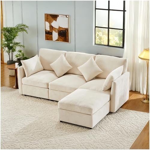 Lubvtti Sofá de Tela de Chenilla, diseño Moderno, sofá 3 plazas con reposapiés, sofá esquinero en L, Apto para Apartamentos, salón o Dormitorio, Beige
