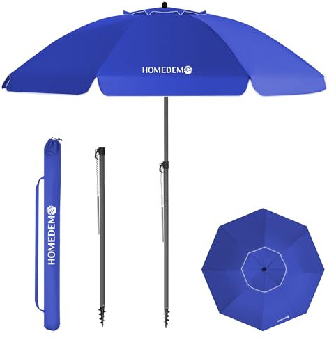 HOMEDEMO Parasol Plage Inclinable avec Revêtement Argenté, Protection Solaire UV50+, avec Pied d'Ancrage à Visser & Housse de Protection, pour Terrasse, Piscine, Marché, 200cm, Bleu