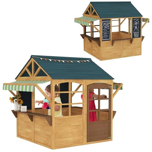 AIYAPLAY Casita de juegos de madera Casita de juegos infantil plegable para exterior con ventanas, puerta, alféizar de ventana, tapas para la lluvia, casita infantil, casita de jardín para niños de 3