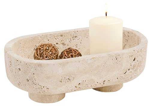 Radicaln Cuenco ovalado de mármol con soporte, travertino de 10 pulgadas, hecho a mano, para encimera de cocina, plato de caramelos, soporte de frutas y cuenco decorativo para decoración del hogar