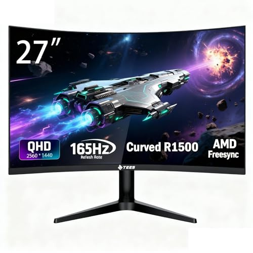Tees 27 inch QHD Gaming Monitor 2560x1440, 165Hz Curved R1500 1440P Screen NTSC 72% Desktop MNT with Speaker, HDMI DP USB Free Flicker Blue Light Filter, Display for CS2 Apex VALORANT