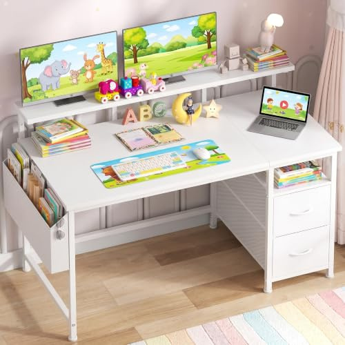 Klyvvo 100x48 cm Rectangulaire Bureau avec Rangement 2 Tiroirs, 1 Rangement Suspendu, Support de moniteu,3 Hauteur réglable,Crochet,Réversible Ergonomique Bureau pour Homeoffice,Étudiant,Gaming,Blanc