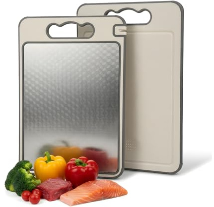 Tabla de Cortar Acero Inoxidable 2 en 1, Doble Cara con Fibra de Trigo, Antideslizante, con Rallador y Afilador, Apta para Lavavajillas, Tabla Cocina Reversible 36,5 x 25 cm