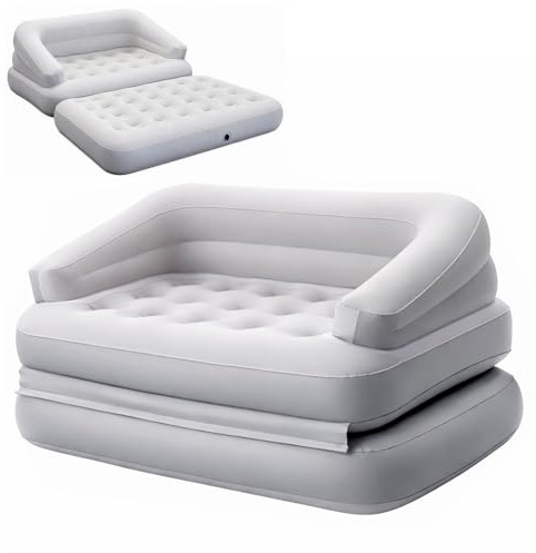 GreenWhim Inflatable Sofa Bed Fold Out Air Chair Bed, 2 in 1 Folding Air Mattress with Backrest and Armrests, Flocked Surface, Compact Guest Bed for Living Room Small Flat