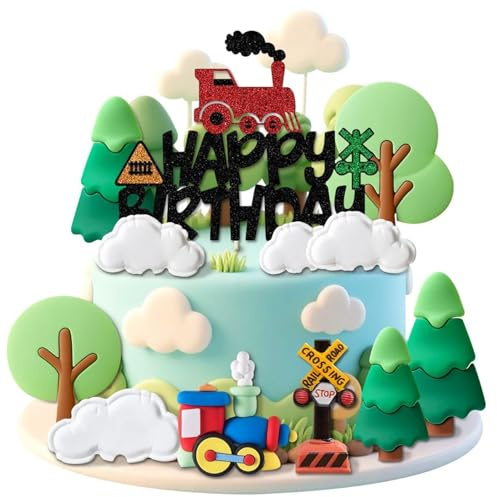 9 piezas tren decoración para tartas, tema de tren fiesta de cumpleaños, artículo de cumpleaños para jóvenes, nubes, árboles, transporte, vagón de vapor, fiesta temática