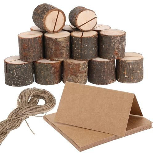 STOBAZA 20 Juegos Portatarjetas de Mesa de Madera Rústica en Forma de Tocón de Árbol, Resistente Cuerda, Adecuado para Bodas, Cenas y Reuniones, Incluye Tarjetas Decorativas