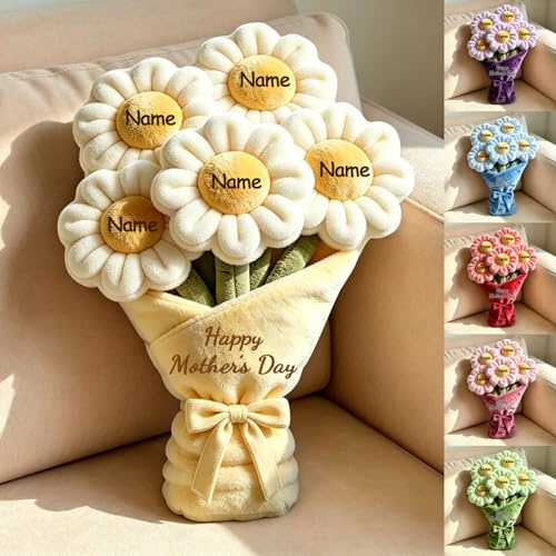 Pmcbneu Cuscino Personalizzato con Bouquet di Margherite per Mamma Nonna con Nome di Famiglia Personalizzato, Cuscino Floreale per Festa della Mamma, Decorazioni per Divano e Letto, Cuscino per la