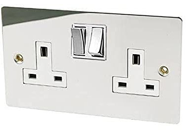 A5 SOC2GCFWC 2 Gang-Polished Chrome Flat-White Insert Metal Switch-13A Double Wall Plug Socket,White,Black
