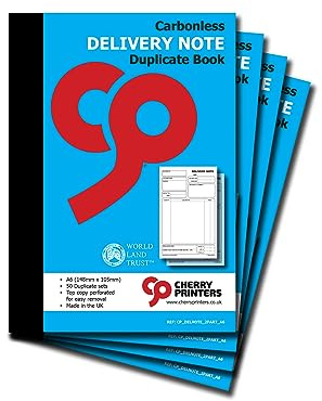 Cherry Printers Carbonless NCR Delivery Note Duplicate Book A6 | 50 Duplicate Sets | Top Copy Perforated for Easy Removal | Professional Record Pad for Delivery Tracking **4 Pack**