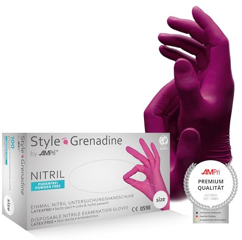 AMPRI Nitrilhandschuhe, magenta, pink, 100 Stück/Box, Größe M, puderfrei, Style Grenadine by Med-Comfort: Nitril Einmalhandschuhe, Einweghandschuhe in den Größen XS, S, M, L, XL