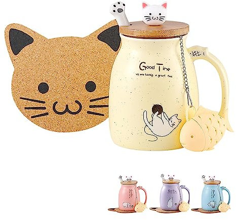 BigNoseDeer Taza de té con infusor y tapa, taza de café de cerámica, taza de gato kawaii, lindas tazas de té, lindas cosas preparadas, regalos de cumpleaños, regalos lindos para mujeres y niñas