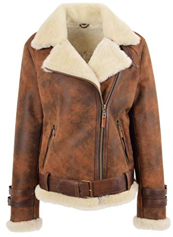 A1 FASHION GOODS Veste aviateur en peau de mouton véritable pour femme Marron antique, marron, 42