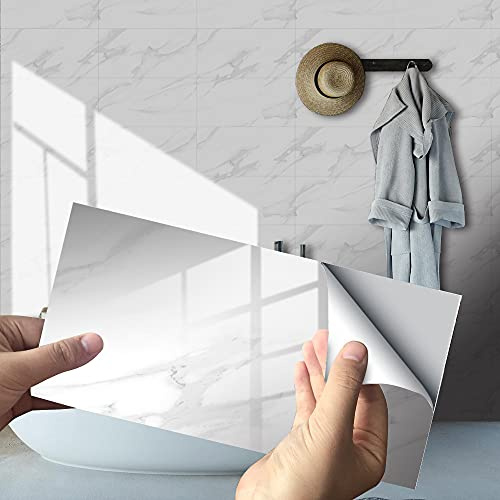 Hiser 16 Piezas Pegatinas de Baldosas, Azulejos de Vinilo para Cocina y Baño, Decoración de Adhesivo de Azulejo para Mármol, Pegatinas de Baldosas Bricolaje para Impermeable (Blanco,30x15cm)
