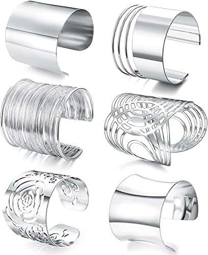 JeweBella 6 Stück Armband Damen Manschette Armreif Set Breit Verstellbare Goldspule Versilbert Armband Oberarm Schmuck