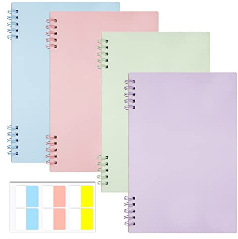 DIBALIYI Spiralanteckningsböcker i A5-format, 4 stycken inbundna anteckningsböcker med 60 stycken indexklistermärken, i pastellfärger, för affärsbehov, spiralbundna, för memos, kontor och skola