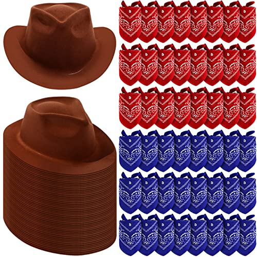 Hillban 96 Pcs Cowboy Hat and Bandana Set Include 48 Cowboy Hats 48 Bandana Bulk for Fancy Dress Party Cosplay Costume(Brown)