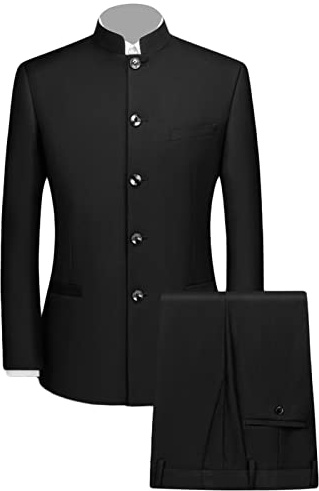 Costume Tunique Chinoise 2 Pièces pour Hommes Ensemble Blazer à Col Mandarin Ensemble Pantalon Veste Boutonnée Robe de Marié Uniforme Traditionnelle (Noir,XXL)