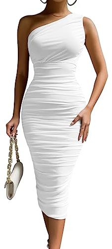 LAGSHIAN Women Bodycon One Shoulder Sleeveless Ruched Midi Dress White