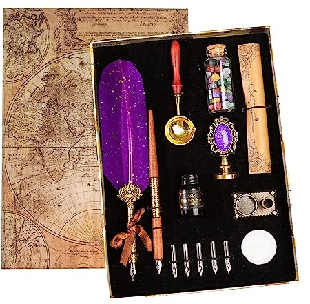 Joyeee Stylos Plume de Calligraphie Encre Set, Ensemble de stylos en bois avec encre, Enveloppes, bougies blanches, Lettre Cachet, Cadeau d'écriture pour Noël pour les débutants en calligraphie