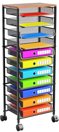 Simple Trending 12 Tier Rolling File Cart,Wood Desk File Organizer with Sliding Trays and Wetal Mesh Paper Letter Storage Multi-Functional Rolling Clutter Cart for Office, Home, School, Black