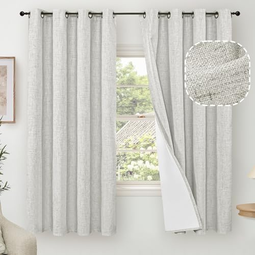 Lajode 100% Blackout Curtains for Bedroom 63 Inch Length 2 Panels, Thermal Insulated Complete Light Blocking Noise Reducing Linen Window Curtains for Nursery, Bronze Grommet, Each 52 Wide, Light Grey