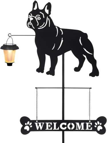 Taylor & Brown Solar French Bulldog Silhouette Dog Breed Welcome Stakes Sign with a Lantern Light Outdoor Decorative Garden Stakes for Yard, Lawn, Patio, Pathway