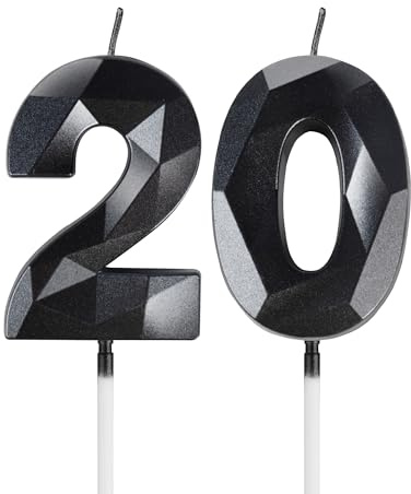 mciskin Black 20th Birthday Candles, 3D Number 20 Candles for Cake, Girls Boys 20th Birthday Decorations,Pearl Black Candle Cake Topper Decorations for Birthday Party Weddings Anniversary Supplies