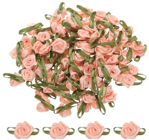 sourcing map 100 mini rose in nastro di albicocca, 5/8 x 1-3/16, per artigianato, piccoli fiocchi di raso, rose artificiali