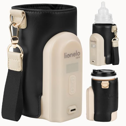 LIONELO Thermup Go Evo Bärbar Flaskvärmare för Resor, USB-C Laddning | USB-C, 9-timmars batteri, LCD-skärm, 5 inställningar 38-50°C, passar 50-80 mm flaskor och billaddare kompatibel