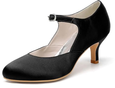 FQMAYPO Women's Ankle Strap Ballroom Dance Shoes Closed Round Toe Bridal Shoes Satin Mary Jane Wedding Shoes Buckle Kitten Heel Wedding Court Shoes,Black,5 UK