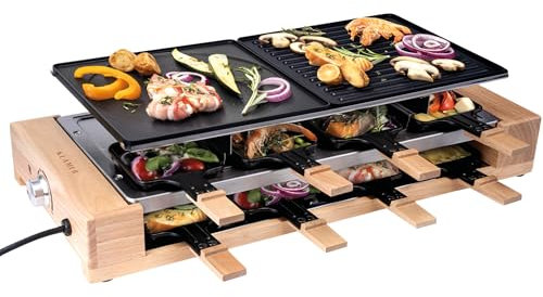 KLAMER Raclette 8 Personen, 1500W Raclette Grill mit Holzgestell, Raclette mit antihaftbeschichteter Grillplatte, Tischgrill elektrisch