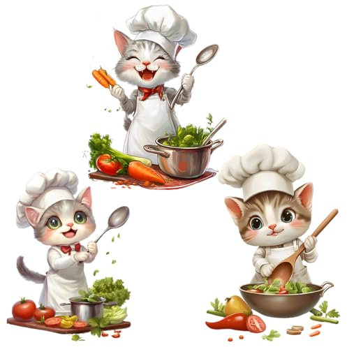 Lot de 3 Stickers Muraux, Stickers Muraux Cuisine Mignon Petit Chat Chef, Décoration Cuisine Petits Chefs Chat, Stickers Muraux Enfants Cuisine Salon Salle à Manger Déco Murale