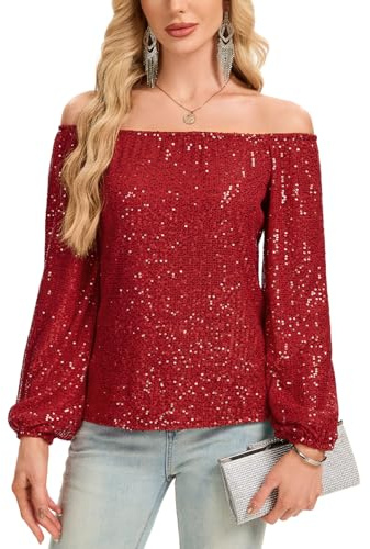 Kyzoeyou Off Shoulder Full Body Sequin Tops Womens Long Sleeve Top Shirt Elastic Cuff Fully Lined Sparkly Party Evening Blouse Glitter Casual Tunic (Red L)