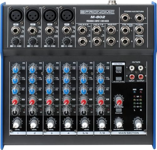 Pronomic M-802 Live/Studio Mischpult (4 Mono-Kanäle XLR/Klinke, 2-Stereo Kanäle, 3-Band-EQ, 48V Phantomspeisung)
