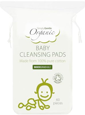Simply Gentle Baby Cleansing Pads - Perfect for Sensitive Skin - Pure Cotton Pads for Newborn Baby - Free from Odours or Irritants - Rectangular Shaped Disposable Cotton Pads - 1 Pack of 60 Pads