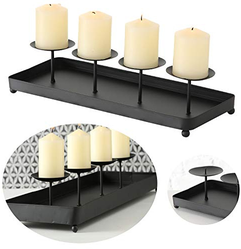LS-LebenStil Kerzenschale Eisen 40cm Schwarz Stumpenkerze Kerzenständer Kerzenleiste Adventskerzen Kerzen-Tablett Weihnachten Advent Winter Tisch Dekoration Adventskranz Kerzenhalter