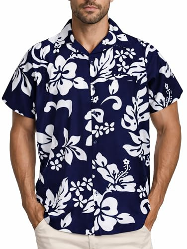 King Kameha Funky-Camisa-Hawaiana, Manga-Corta, Hibiscus, Azul-Marino, M