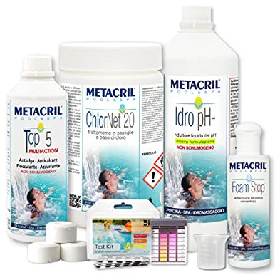 Metacril Easy Kit Cloro, Trattamento Completo a Base di Cloro, in Pastiglie da 20 gr, per Spa Idromassaggio e Piscina di Tutte le Marche, Dimensioni e Modelli