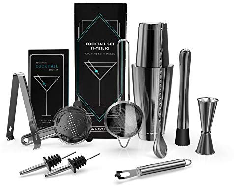 Navaris Kit Cocktail Shaker Professionale - Set Completo 11 pz. Accessori Mixology per Preparazione Drink Longdrinks Shakerati - Attrezzatura Barman - Nero