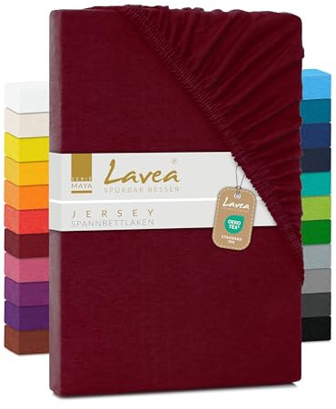 Lavea® Jersey Topper Spannbettlaken, Spannbetttuch, Serie Maya, 100% Baumwolle, hochwertige Verarbeitung, mit Gummizug und OekoTex100 200x220cm, Bordeaux