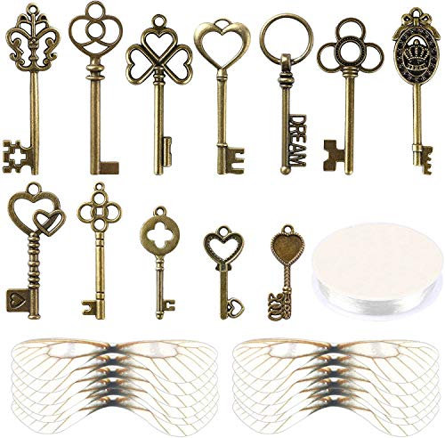 SANNIX 48 Stück Vintage Skelett Schlüssel Fliegende Schlüssel Charms mit 50 Paar Libellenflügel und 30m Elastische Kristallschnur für DIY Schmuckherstellung Hochzeit Party Gastgeschenke Raumdekoration