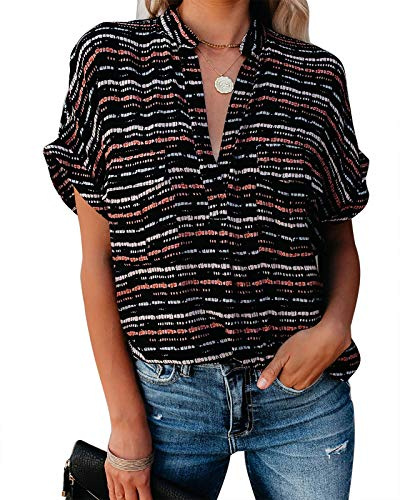 Ancapelion - Camicetta da donna in chiffon, a maniche corte, da donna Stampa in nero. L